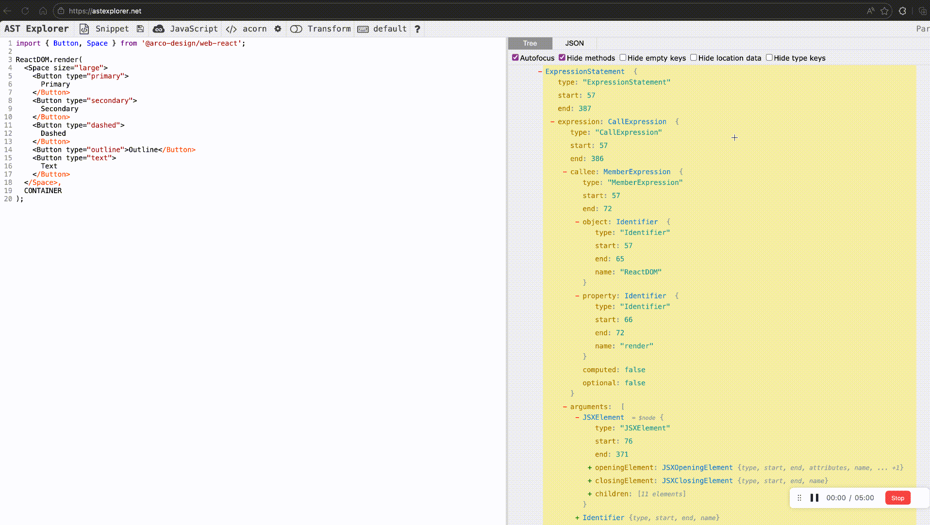 AST Explorer interface showing JavaScript code on left and corresponding abstract syntax tree visualization on right